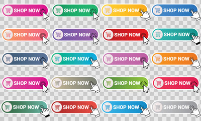 Shop now  button with hand cursor. Buy now hand pointer clicking. Modern collection for web site. Click here banner with shadow. Click button isolated. Online shopping. Vector illustration. - obrazy, fototapety, plakaty