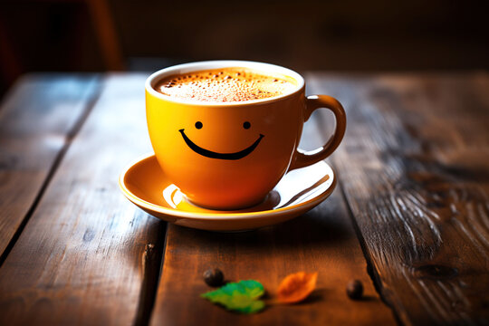 The most happiest and coffee good vibes morning start motivation. Happy coffee drink with happy smiling face on big yellow cup on boken cafe table. Copy space, empty place for text.