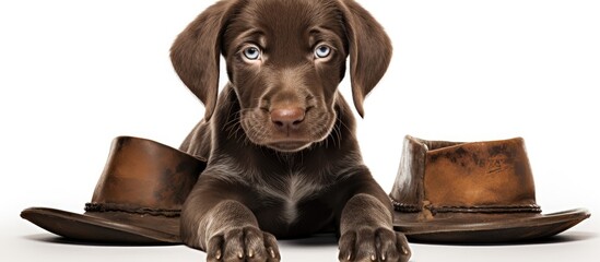 German shorthaired pointer pup wearing hat and sitting near boots - 7 weeks old, isolated. - obrazy, fototapety, plakaty