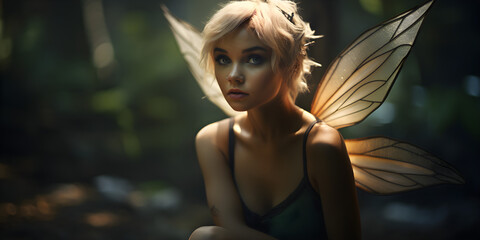 portrait of young pixie in the forest, wide background with copy space for text - obrazy, fototapety, plakaty
