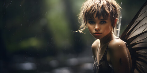 portrait of young pixie in the forest, wide background with copy space for text - Powered by Adobe