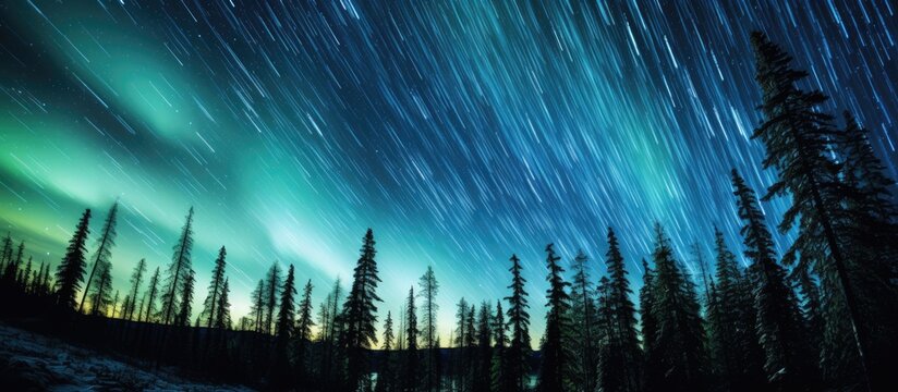Astrophotography captures star trails around Polaris and the mesmerizing Aurora borealis over Yukon's taiga forest.