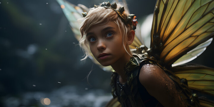 portrait of young pixie in the forest, wide background with copy space for text