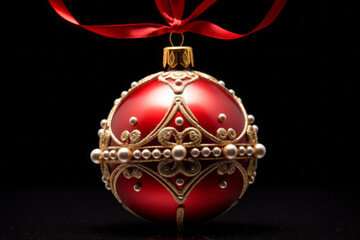 Close up photograph of a red Christmas ornament and ribbon isolated on a black background