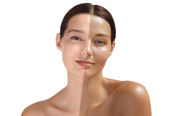 Crop close-up beauty studio woman photo of half face tanned before after solarium concept....