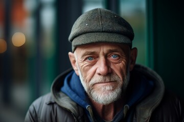 Portrait of an elderly man with a gray beard on the street.