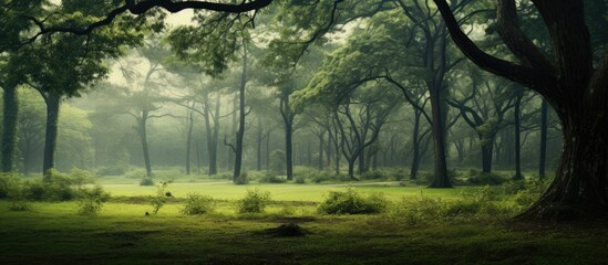 Summer trees in a gloomy grove. - obrazy, fototapety, plakaty