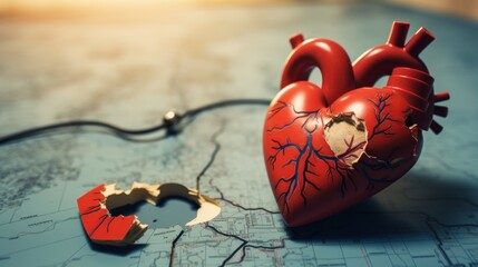  a broken heart sitting on top of a map with a key in the shape of a heart next to it.