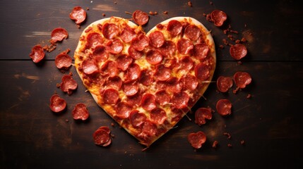  a heart shaped pepperoni pizza sitting on top of a wooden table next to a pile of pepperoni slices.