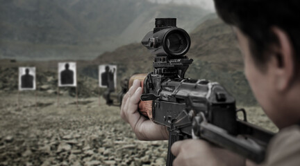 Military soldier shooter aiming ar assault rifle weapon at outdoor academy shooting range
 - obrazy, fototapety, plakaty