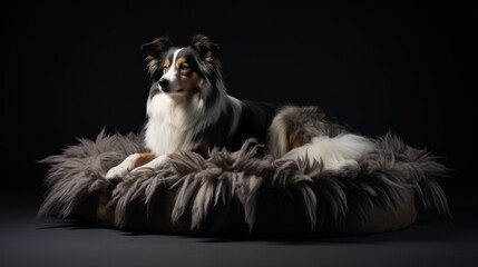  a dog sitting in a dog bed made of furry material on a black background with a black background and a white border collie in the foreground.