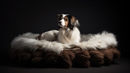  a brown and white dog sitting on top of a dog bed on top of a black floor next to a black wall.