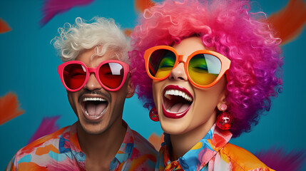 Young positive woman and man in wigs celebrating birthday party, bright makeup pink hair sunglasses, pink wig, glamor stylish glasses color background unaltered, April Fools' Day, copy space - obrazy, fototapety, plakaty