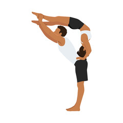 Young couple doing acro yoga exercise. Flat vector illustration isolated on white background