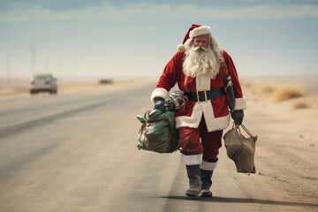 Wide shot of Santa Claus walking in the dessert carrying his bags