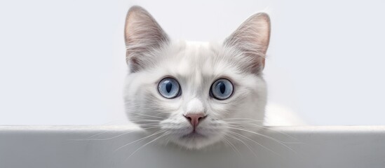 In a beautiful portrait with a white background, a young and cute domestic cat gazes into the camera with its mesmerizing eyes, showcasing its elegant fur as a stunning representation of the beauty of