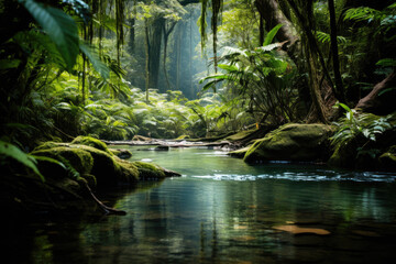Secluded Rainforest Waterhole Amidst Lush Greenery