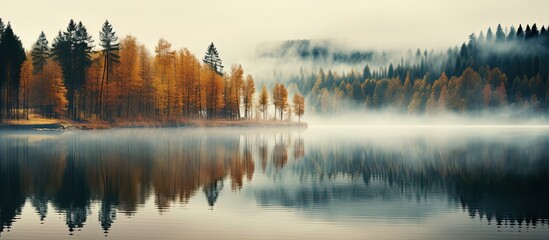 Foggy autumn forest lake landscape.