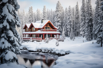 Cozy Winter Cabin Nestled in Snowy Landscape