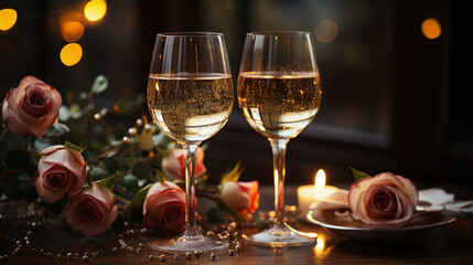 Elegant celebration concept with two glasses of bubbly champagne, blush roses and pearls. A candlelit background with warm golden tones. Valentine's day concept. AI Generative