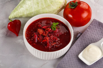 Borsch soup with cabbage and beetroot