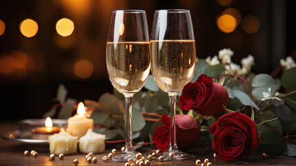 Festive table setting featuring two glasses of champagne, vibrant red roses, candles and golden beads against a soft, glowing backdrop. Valentine's day concept. AI Generative