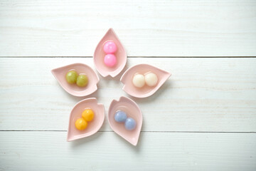 Close up of colourful tangyuan (tang yuan, glutinous rice dumpling balls) inClose up of colourful...