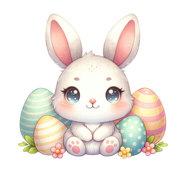 recommend clip art: Cute rabbit and easter egg happy Easter day watercolor clipart 