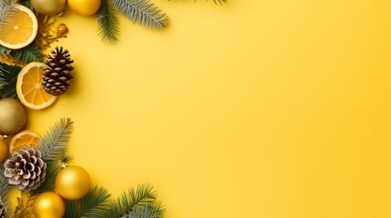 Creative christmas framei on yellow background. Xmas and New Year holiday, banner, postcard, invitation, celebration. Flat lay, top view