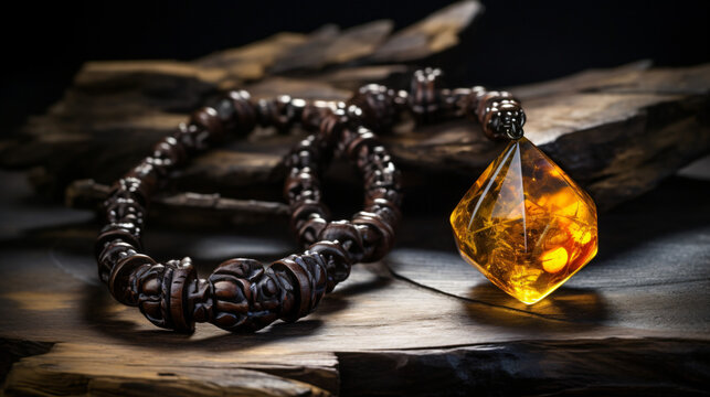 Amber necklace on dark wood