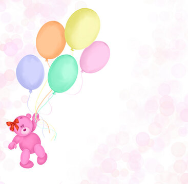 teddy bear with balloons, invitation, postcard, backround, childrens party, girl brithday
