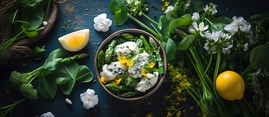 Healthy ingredients for spring detox: dandelion, asparagus, wild garlic, flowers, nettle, and cream cheese salad. - obrazy, fototapety, plakaty
