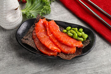 Sliced salmon sashimi in the plate