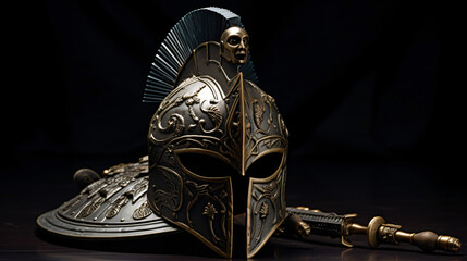 Ancient Greek helmet shield and sword