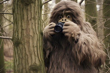 bigfoot with camera hiding in the forest - obrazy, fototapety, plakaty