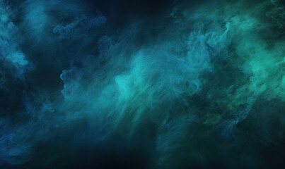 Fototapeta na wymiar Color mist. Ink water. Haze texture. Fantasy night sky. Blue green shiny glitter steam cloud blend on dark black abstract art background, Generative AI 