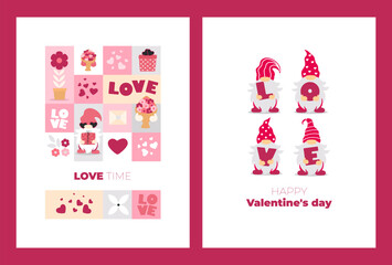 Postcard, poster with gnomes. Valentine's day design. Bauhaus style style. Vector illustration.