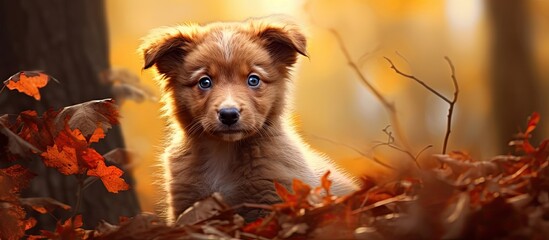 enchanting landscape of Europes autumn forests, a cute red puppy, with the most endearing eyes,...