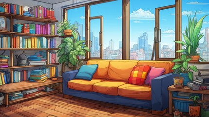 Modern Living Room Nature View 3D, Flat Design Style, Pop Art , Wallpaper Pictures, Background Hd