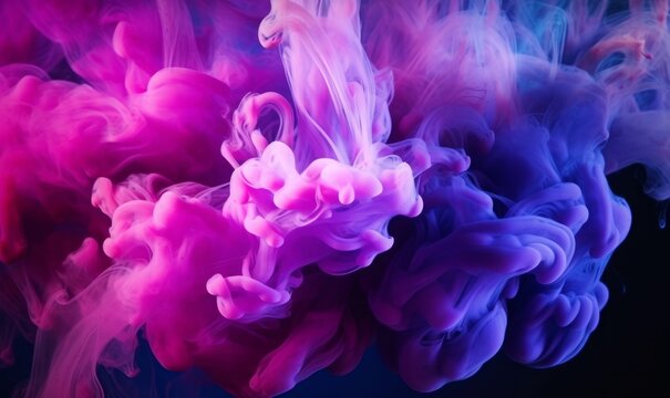 Color smoke. Paint splash. Ink water mix. Fantasy explosion. Pink blue glowing vapor wave on dark black abstract art background with free space, Generative AI © Photo Emporium