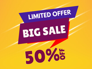 50% off Limited offer big sale, yellow gradient background and offer icon with text