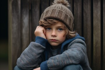 Portrait of a sad little boy in a knitted hat and coat.
