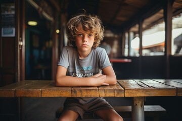 Fototapeta na wymiar Little boy sitting at a wooden table in a cafe, sad and depressed