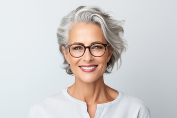 Portrait of a beautiful mature woman over 40 y.o, smiling with clean white teeth. To advertise dentistry or ophthalmology. A woman with glasses and a stylish hairstyle. Isolated on a white background