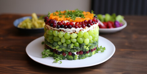 cake with fruits and berries, cake with fruits, vegan salad cake