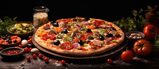 Freshly colored pizza with vegetables and olives.
