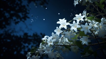 Night-blooming jasmine flowers releasing their fragrance under the moon's glow.