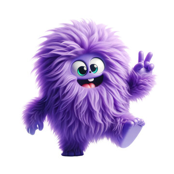 Purple little Monster Alien,Furry and fluffy ,cute monster acting,game asset,isolated on white and transparent background