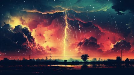 Fototapeta premium Heavy Rain Falling Dark Cloudy Sky, Flat Design Style, Pop Art , Wallpaper Pictures, Background Hd