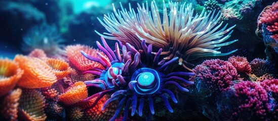 Fototapeta na wymiar From the breathtaking closeup of a vibrant blue ocean, the beautiful colors of nature emerge as the sea plants and urchins create a mesmerizing display.